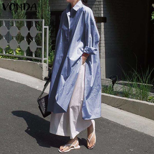 

women's blouses & shirts blouses elegant ol women striped blouse vonda casual long sleeve tunic party female button side slit blusas s, White