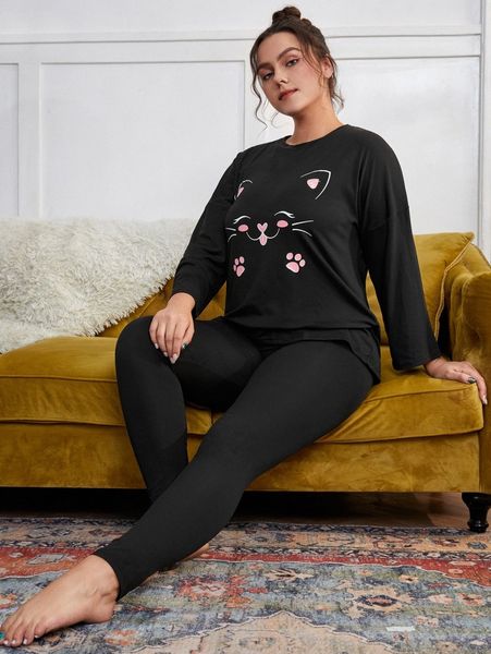 

plus cartoon graphic tee with leggings pj set e2kj#, Black;white