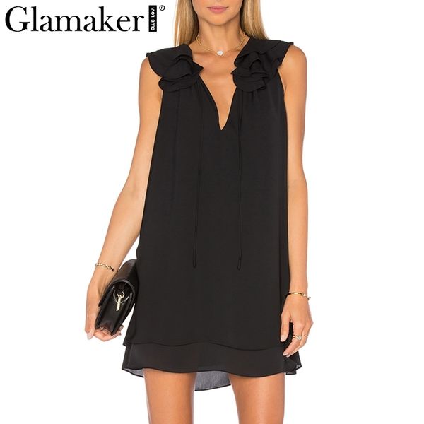 

glamaker black chiffon v neck ruffles mini dress women party summer dress elegant female casual spring short club dress new 210414, Black;gray