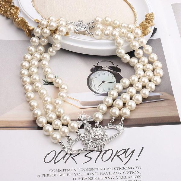 

pendant necklaces ladies three-layer pearl beaded necklace luxury and noble shiny party birthday gift, Silver