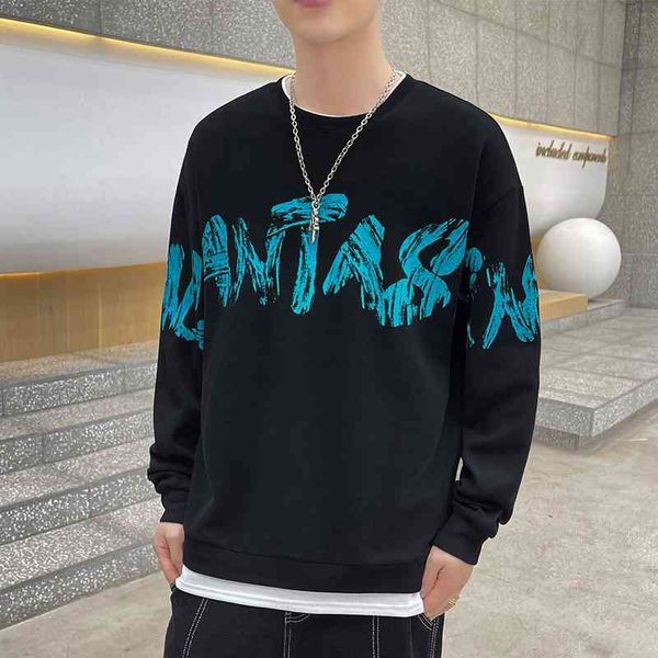 

sweater fashion brand long sleeve autumn men's new round neck pullover fake two-piece bottomed clothes, Black