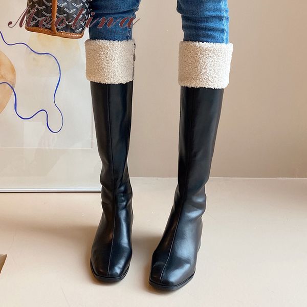 

meotina real leather mid heel knee high boots women shoes round toe zip block heels long boots autumn winter black size 33-40 210520