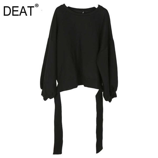 

[deat] autumn winter round neck long sleeve solid color black back bandage bow loose sweatshirt women fashion je14101 210527
