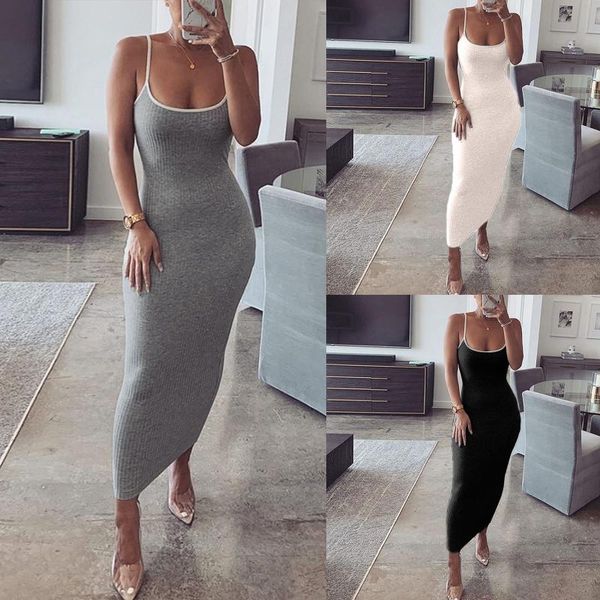 

casual dresses woman dress fashion sleeveless pure color sling bodycon slim cotton blended low-cut long maxi camisole, Black;gray