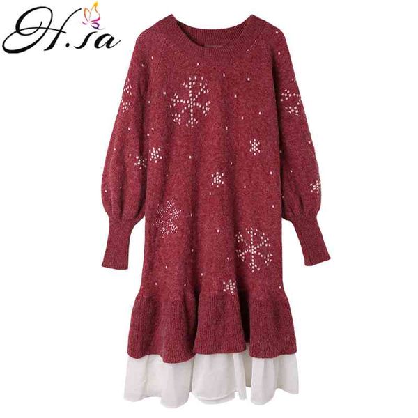 

h.sa women dress patchwork ruffles sweaters pullover long jumpers snowflake knit sweater loose 210417, White;black
