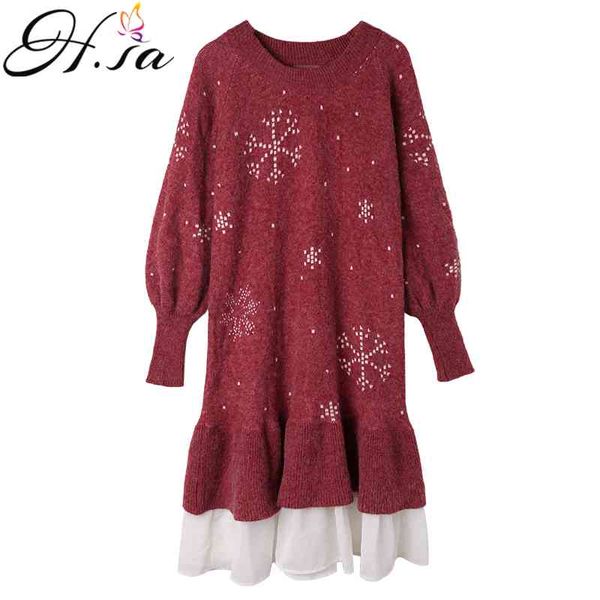 H.SA Mulheres Vestir Retalhos Ruffles Suéteres Pulôver Longo Jumpers Snowflake Knit Sweater Loose 210417