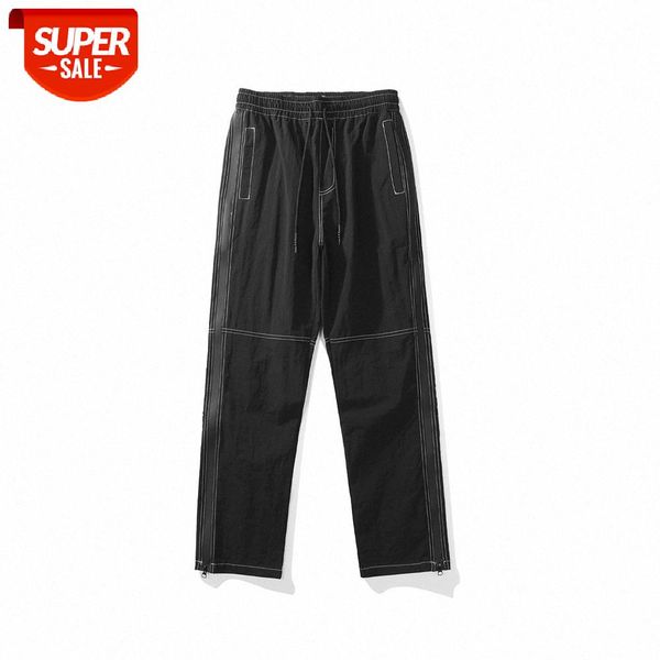 

functional wind side zipper split casual trousers men's stitching loose straight cropped #x119, Black