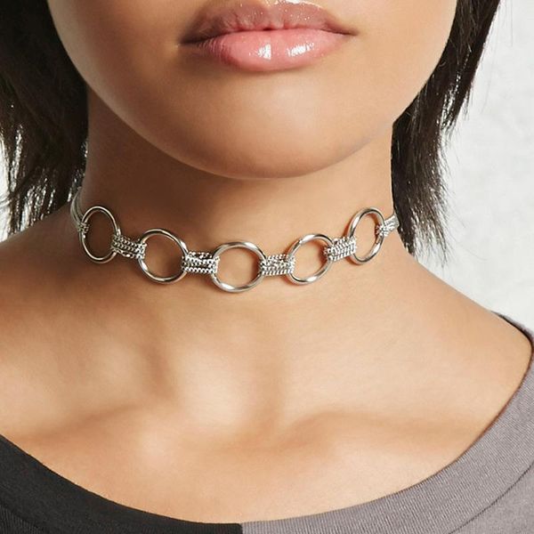 

trendy circle chain link choker necklace for women short goth necklaces girls party collar jewelry gift chokers, Golden;silver
