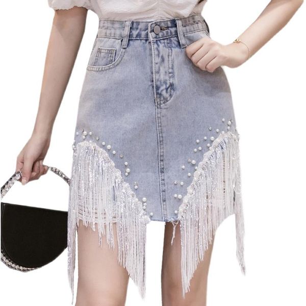 

skirts tassel hole denim skirt woman high waist button short female fashionable streetwear summer, Black
