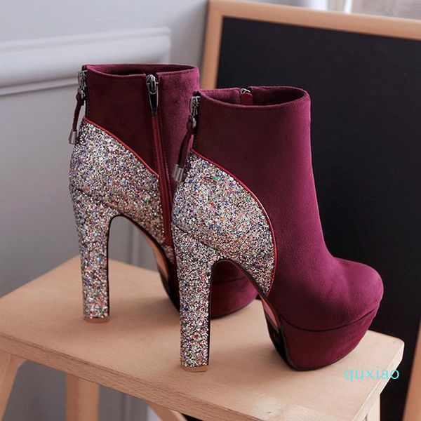 Botas moda feminina sapatos inverno redondo saltos zíper senhoras plataforma de tornozelo glitter Borgonha tamanho 44 45