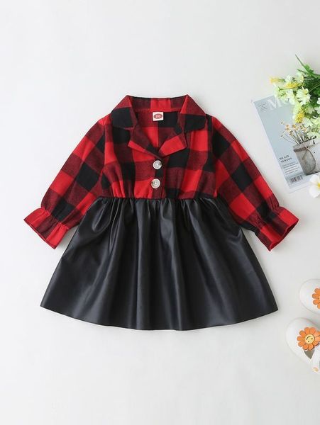 

baby girl lapel collar gingham combo dress she, Red;yellow