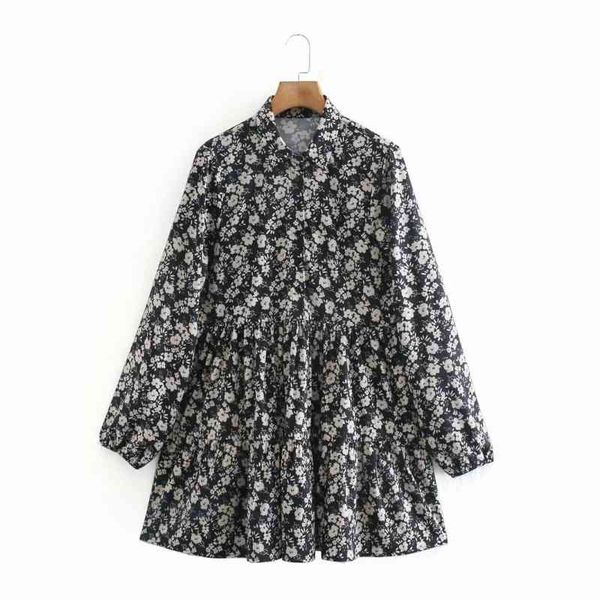 

women vintage floral printing mini tiered dress female turndown collar lantern sleeve clothes casual lady loose vestido d6882 210430, Black;gray