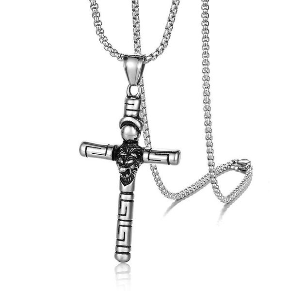 

pendant necklaces punk stainless steel lion cross for men rock jewelry drop, Silver