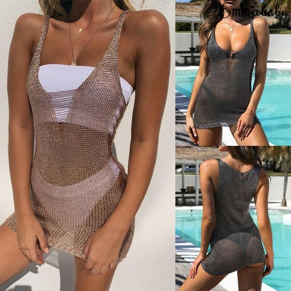 

hollow out short women' beach bikini cover up see-through mesh dress bathing suit sarongs, Blue;gray