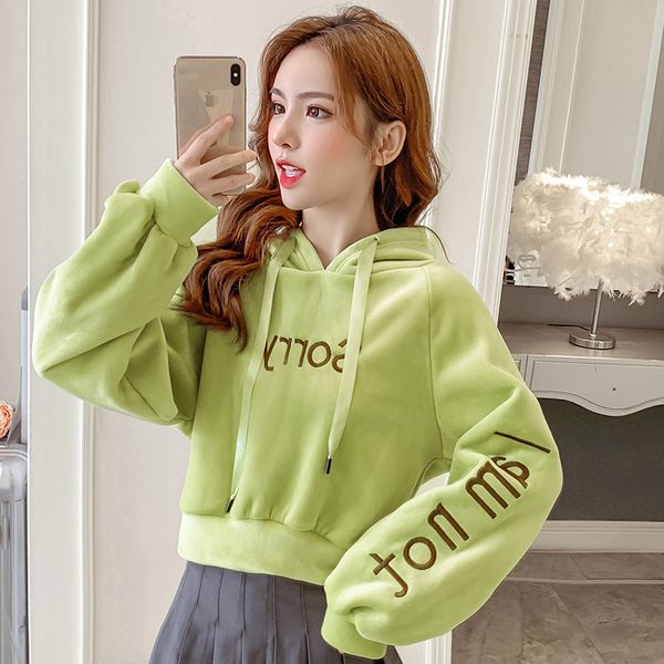 

golden velvet hoodie women's plush thickened coat 2021 autumn winter new korean embroidery short pullover top, Blue;black