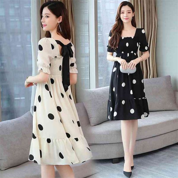 

elegant white dot chiffon midi dresses spring summer 3xl plus size short vintage runway dress women bodycon party vestidos 210528, Black;gray
