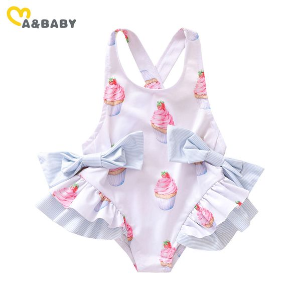 6M-5Y Summer born Toddler Baby Kid Girl Costume da bagno Cute Cake Print Bow Swimwear Bambino Beachwear Costume da bagno 210515