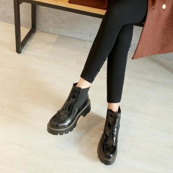 

boots women ankle mid heels shoes woman shiny pu leather slip on british warm shoe chaussures femme zapatos mujer sapato d2167 3vz0, Black