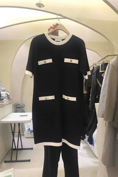 

korean fashion fragrance temperament retro straight o neck short sleeve dress women contrast patchwork wild slim vestido 210429, Black;gray