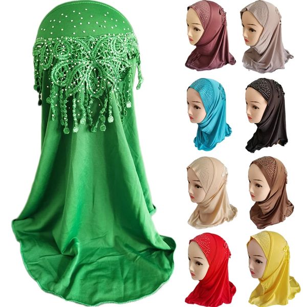 Un Pezzo Della Copertura Completa Musulmano Bambini Hijab Ragazze Cappello Amira Sciarpa Istantanea Islamica Pronta da Indossare Avvolgere la Testa Turbante Strass scialle Cap