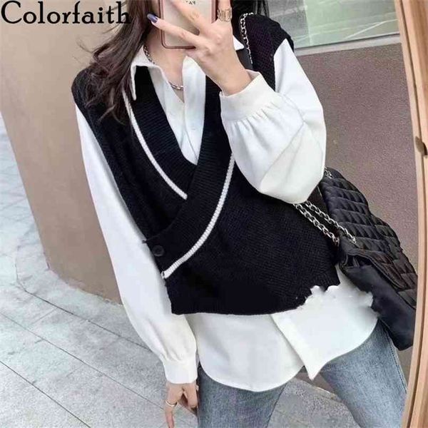 

spring autumn women sweater v-neck pullover sleeveless waistcoat elegant wild lady short vests swv1256jx 210427, White;black