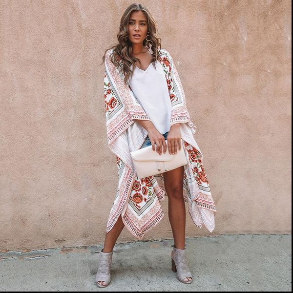 

fashion women blouses chiffon kimono cardigan floral print split boho loose outerwear cover up summer beach sunproof cardigans, White