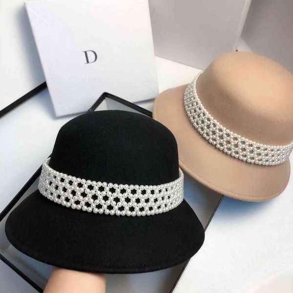 

autumn and winter woolen basin italian designer heavy industry hand string pearl hat fashion celebrity style, Blue;gray