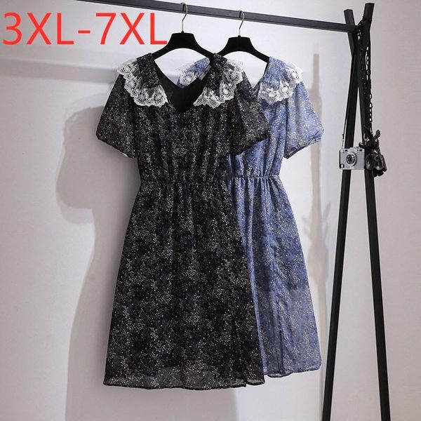 

plus size dresses 2021 ladies summer for women large short sleeve floral print lace midi chiffon dress 3xl 4xl 5xl 6xl 7xl, Black