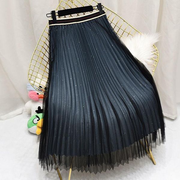 

skirts pleated women autumn mesh a-line knee-length elegant office lady outwear quality, Black