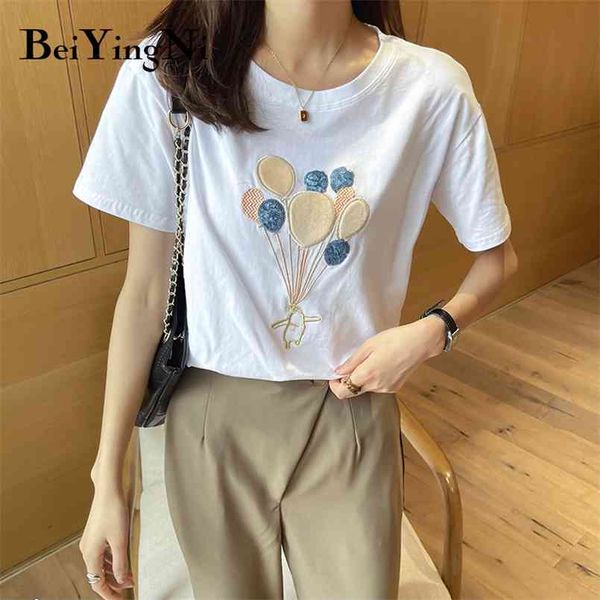 Kadın T-Shirt Kawaii Tatlı Rahat Pamuk Balon Nakış Sequins T Shirt Kadın Yaz Kısa Kollu Gevşek Tee 210506 Tops