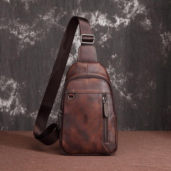 

backpack genuine leather cross body male chest bag multi-functional retro first layer cowhide men single rucksack one shoulder