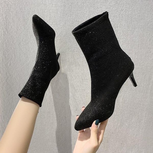 

boots 2021 spring fashion women black pointed toe elastic ankle heels shoes plus size winter female socks 7cm