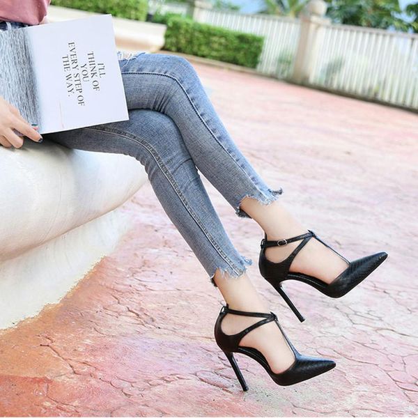 

fashion women's high heels snakeskin t-strap cross big size party ladies shoes thin pumps woman red mary janes dress, Black