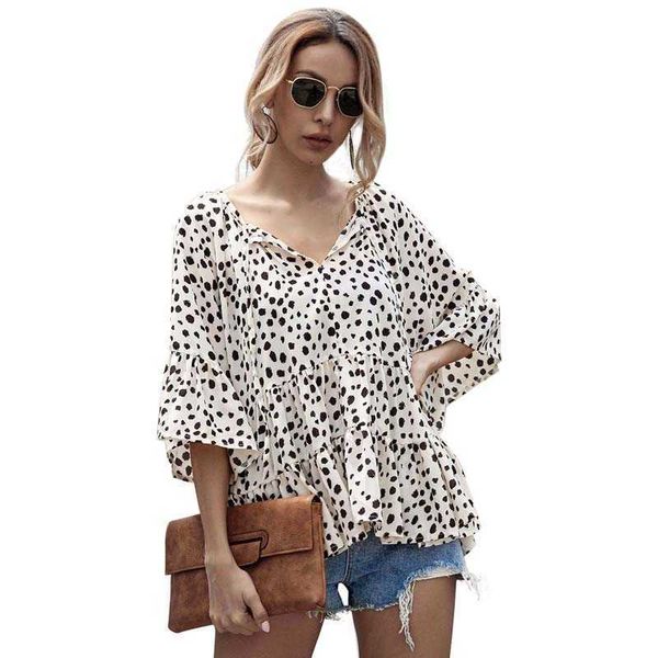 Top e camicette da donna Estate scollo a V manica a farfalla Stampa leopardata Camicie casual da donna Elegante camicetta taglie forti Femme 210608