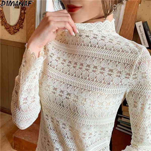 

women t-shirt lace style hollow out white ladies turtleneck tee shirt slim fashion spring flower s-5xl 210531
