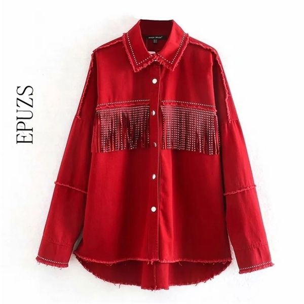 

vintage oversized red tassel jeans jacket and coat streetwear asymmetrical long sleeve caot female chic 210521, Black;brown
