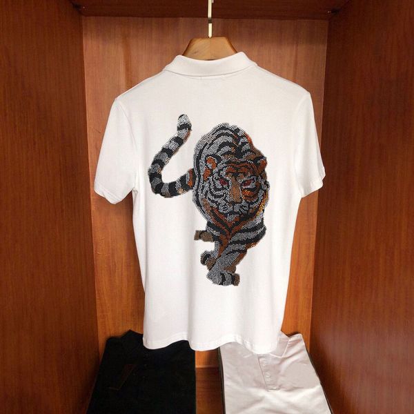 

men's t-shirts summer polo shirt with extra diamonds plus size exaggerated personality 3d tiger selling men's short sleev jgth, White;black