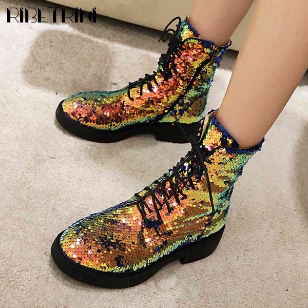 

boots female winter brand classic shoes fashion designer lace round toe low heel women bling sequin boots, Black