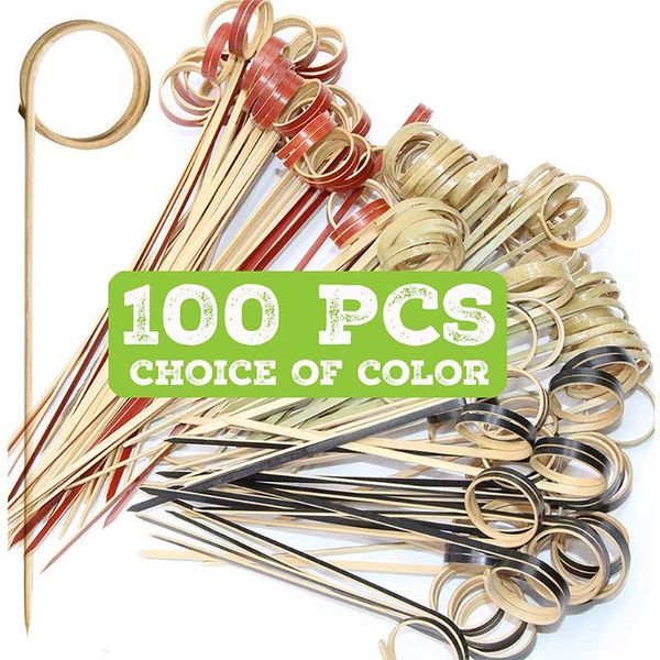 

disposable flatware 100 pieces bamboo sticks portable skewers for fruit dessert party supplies cyan/black/red
