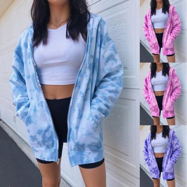

women's hoodies & sweatshirts tie dye printed coat summer fashion zipper jacket streetwear pockets hoodie oversize loose, Black