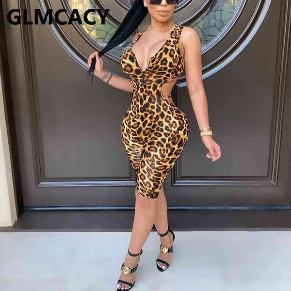 

sleeveless v neck open back leopard playsuit skinny rompers 210702, Black;white