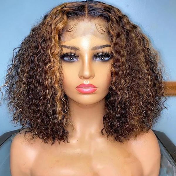 

lace wigs ombre highlight blonde short cut bob kinky curly 100%human hair 13x6 t part front wig with baby 360 frontal 200density, Black;brown