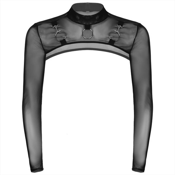 

mens see through mesh half crop mock neck long sleeve o ring nightclub tank for party stage performance clubwear, White;black