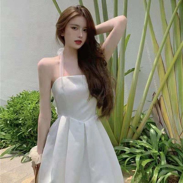 

casual dresses ropa mujer verano 2021 mini vestidos tulle backless halter white bandage dress francais fairy tender elegant princess sukienk, Black;gray