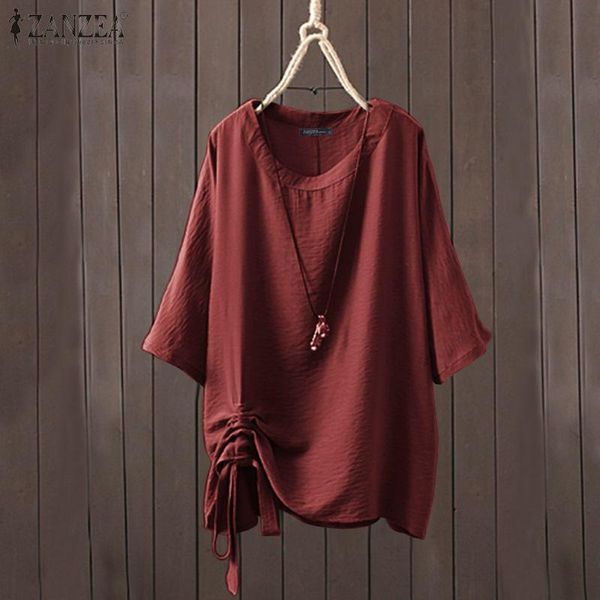 

women's drawstring blouse zanzea 2021 kaftan summer shirts casual half sleeve blusas female solid tunic oversized blouses &, White