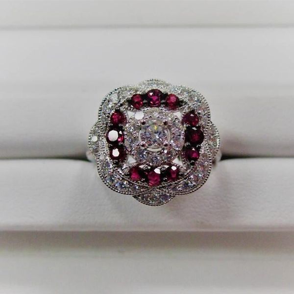 

wedding rings luxury s925 silver for women charms flower ring round white/garnet colors stone bridal engagement jewelry gifts, Slivery;golden