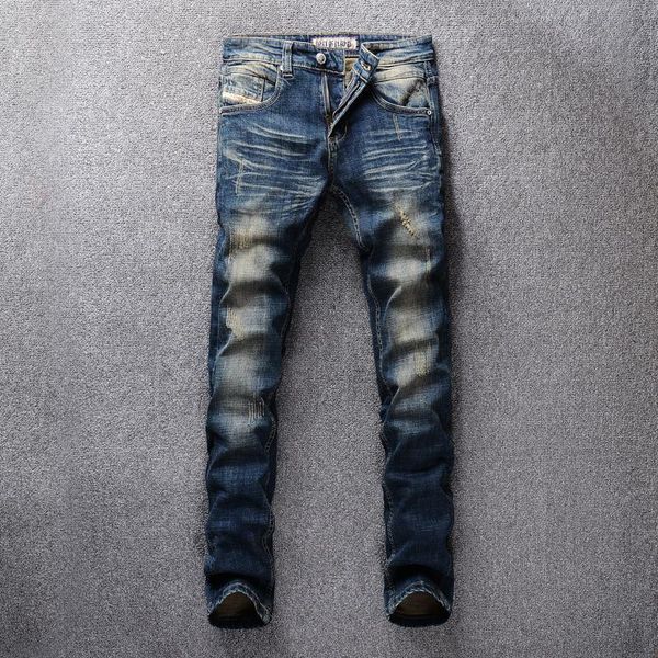 

men's jeans italian style fashion men retro blue slim fit ripped denim trousers vintage designer cotton long pants hombre 5af1