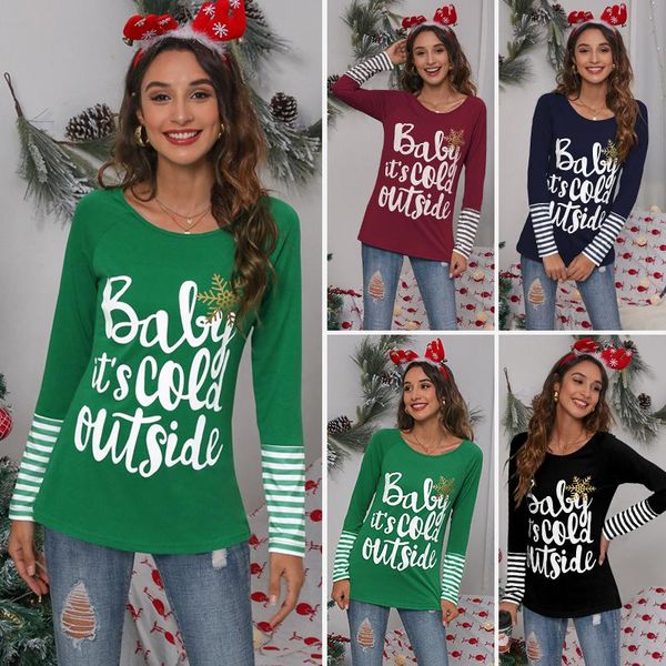 

women's t-shirt christmas english alphabet striped sleeves pullover women round neck letter printing long-sleeved tees, White