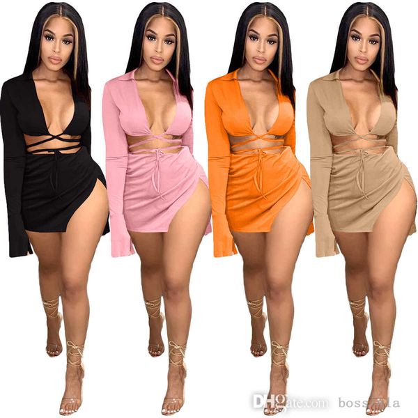 

women swimwear fashion long sleeve bandage and split skirt ladies two piece bathing suit for 2022 summer, White;black