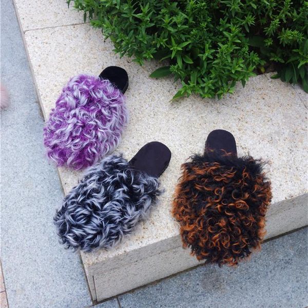 

slippers autumn and winter baotou sheep curly slippers,wool shoes,warm fashionable lazy drag, Black